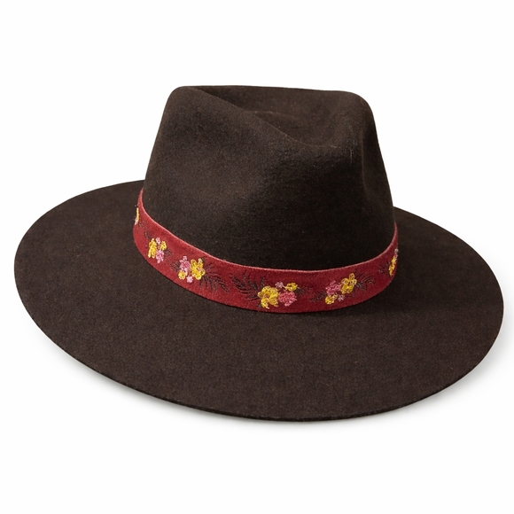 Women's WYETH Frida Kahlo Brown WOOL Wide Brim FEDORA HAT Floral Band BOHO Ranch - Picture 2 of 10